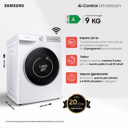 Immagine di Samsung WW90T734DWH/S3 lavatrice a caricamento frontale Ultrawash 9 kg Classe A 1400 giri/min, Porta nero/bianca + Display silver