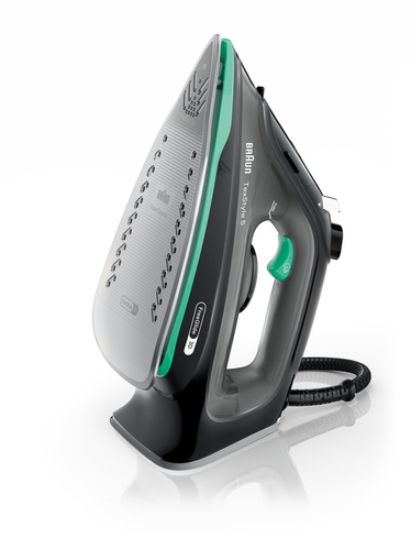 Immagine di Braun TexStyle 5 - Ferro da stiro a vapore, Manico aperto ergonomico, FreeGlide3D, 2700W, 300ml, Nero/Verde (SI5277GR)