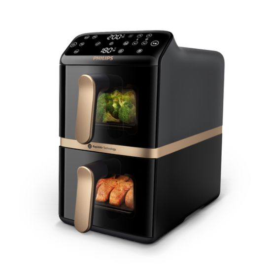 Immagine di Philips Serie 4000 Airfryer doppio cestello Verticale, Friggitrice ad aria da 10L, 13 metodi di cottura, Rivestimento ceramica PFAS Free, Pulizia in lavastoviglie, App ricette, NA462/70
