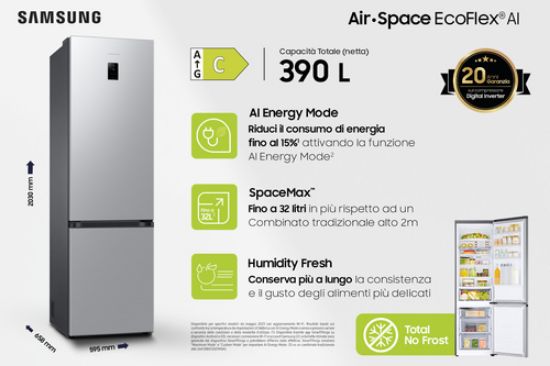 Immagine di Samsung RB38C672CSA frigorifero Combinato EcoFlex AI Libera installazione con congelatore Wifi 2m 390 L Classe C, Inox