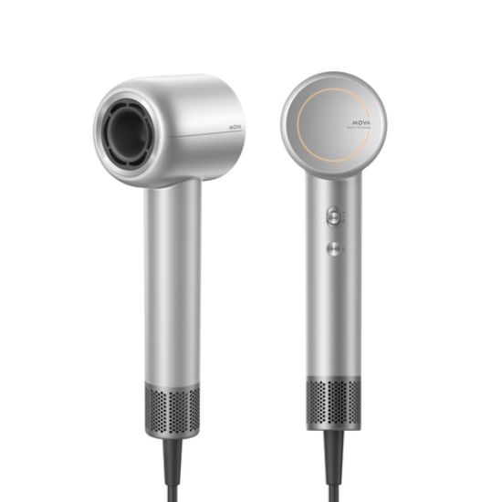 Immagine di MOVA Shine 10 Silver Edition Asciugacapelli ad alta velocità 110.000 giri/min con tecnologia AeroBlossom™, flusso 65 m/s, monitoraggio NTC 1000 t/s, tecnologia al plasma e funzionamento < 58 dB e design Argento