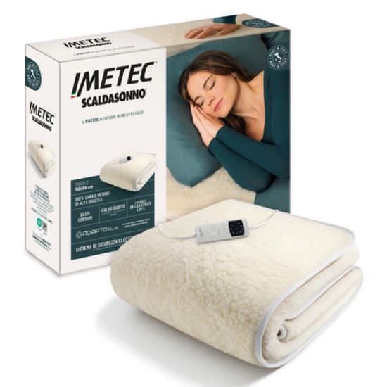 Immagine di Imetec Scaldasonno Adapto Plus 100% Lana e Merino, Singolo 80x150 cm, Caldo Subito, Tecnologia Brevettata Adapto Plus, Sistema Sicurezza ElectroBlock, Bassi consumi, 6 Temperature, Autospegnimento 1, 3, 9 ore, Made in Italy