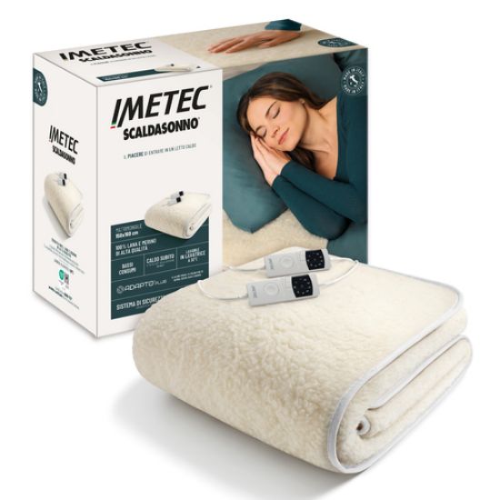 Immagine di Imetec Scaldasonno Adapto Plus 100% Lana e Merino, Matrimoniale 160x150 cm, Caldo Subito, Tecnologia brevettata Adapto Plus, Sistema Sicurezza ElectroBlock, Bassi consumi, 6 Temperature, Autospegnimento 1, 3, 9 ore, Made in Italy