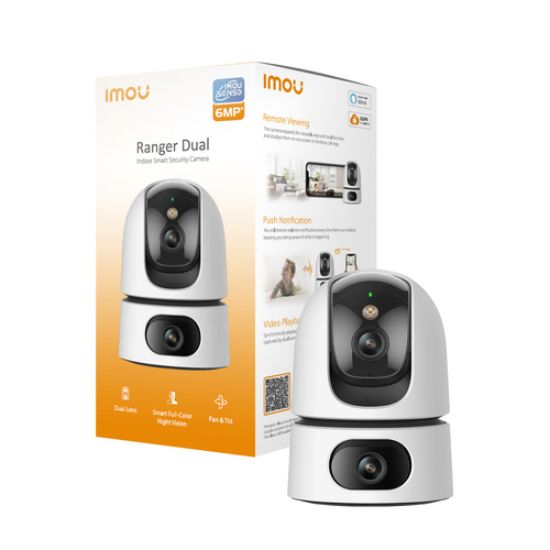 Immagine di Imou Ranger DUAL 6MP. Telecamera da interno a doppia ottica (3MP+3MP), motorizzata, sirena integrata e faretto, rilevamento suoni anomali/umano/animale, smart tracking, funzione privacy, visione notturna, comunicazione bidirezionale, Wi-fi 2.4Ghz, registrazione su Micro SD (fino a 512GB) - NVR o Cloud. Certificazione GDPR.