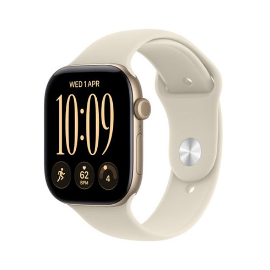 Immagine di Apple Watch Series 12 GPS, cassa 42 mm in alluminio color oro chiaro con cinturino Sport sabbia - S/M