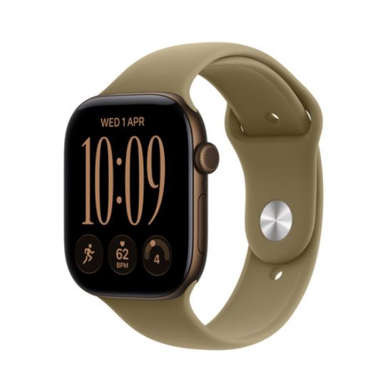 Immagine di Apple Watch Series 12 GPS, cassa 42 mm in alluminio color bronzo scuro con cinturino Sport oliva - S/M